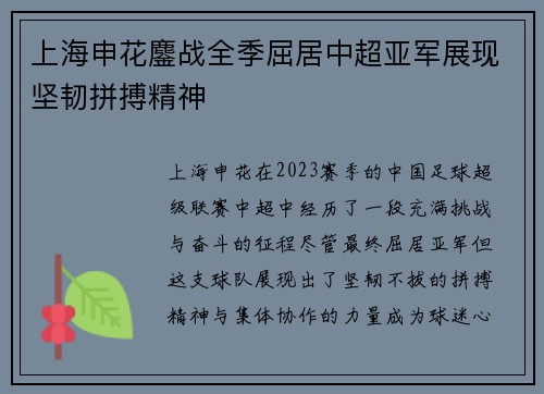 上海申花鏖战全季屈居中超亚军展现坚韧拼搏精神 上海申花鏖战全季屈居中超亚军展现坚韧拼搏精神