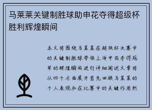 马莱莱关键制胜球助申花夺得超级杯胜利辉煌瞬间